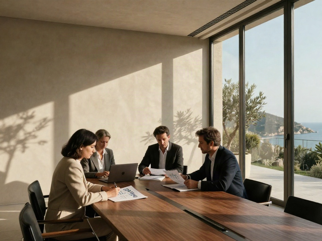 Consultants reviewing a business strategy together in a sunlit Mediterranean boardroom