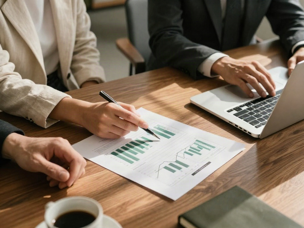 Two strategists examining printed analytics and a business dashboard at a walnut desk